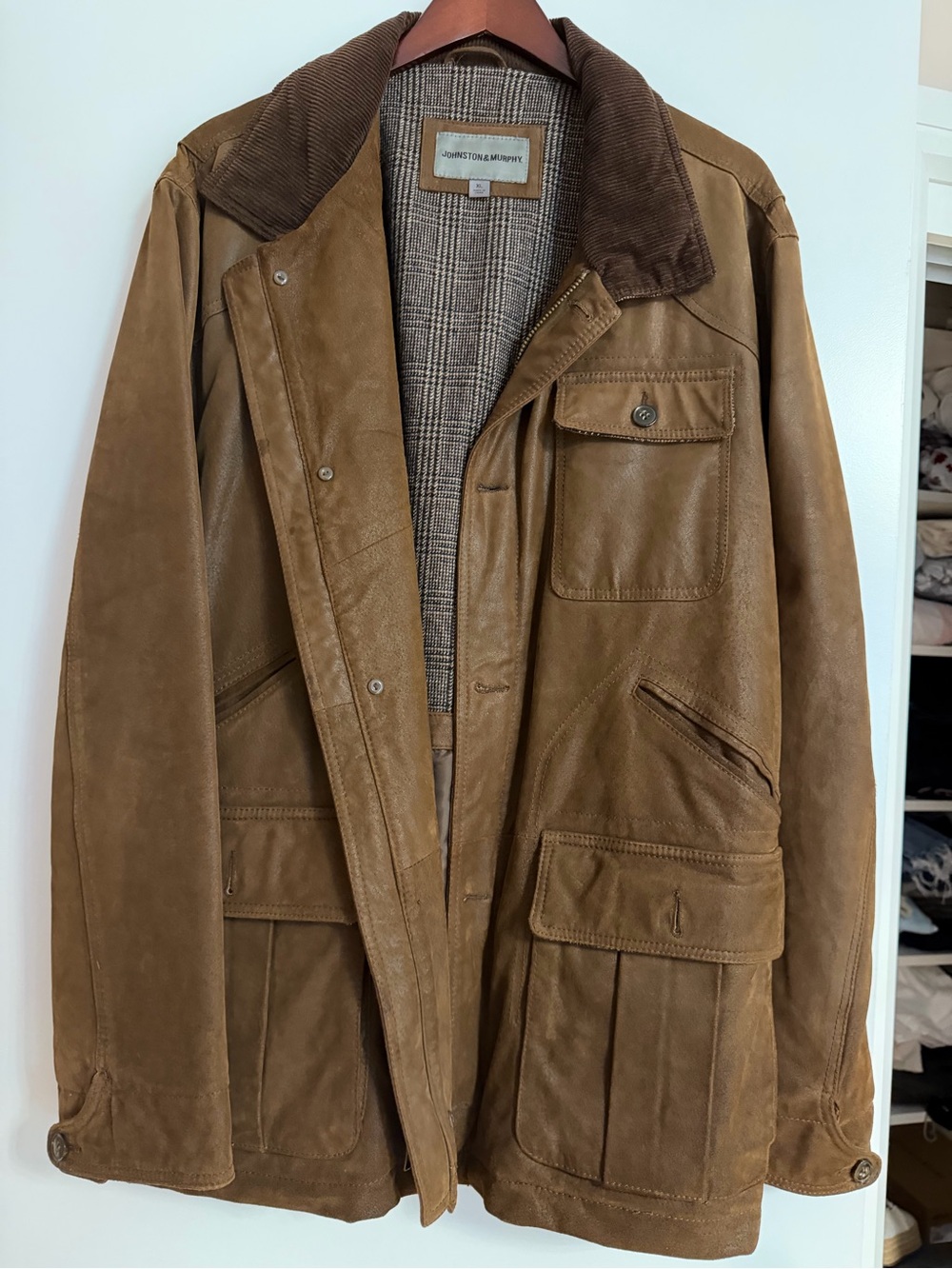 Johnston & Murphy Tan Brown Leather Field Jacket with Corduroy Collar